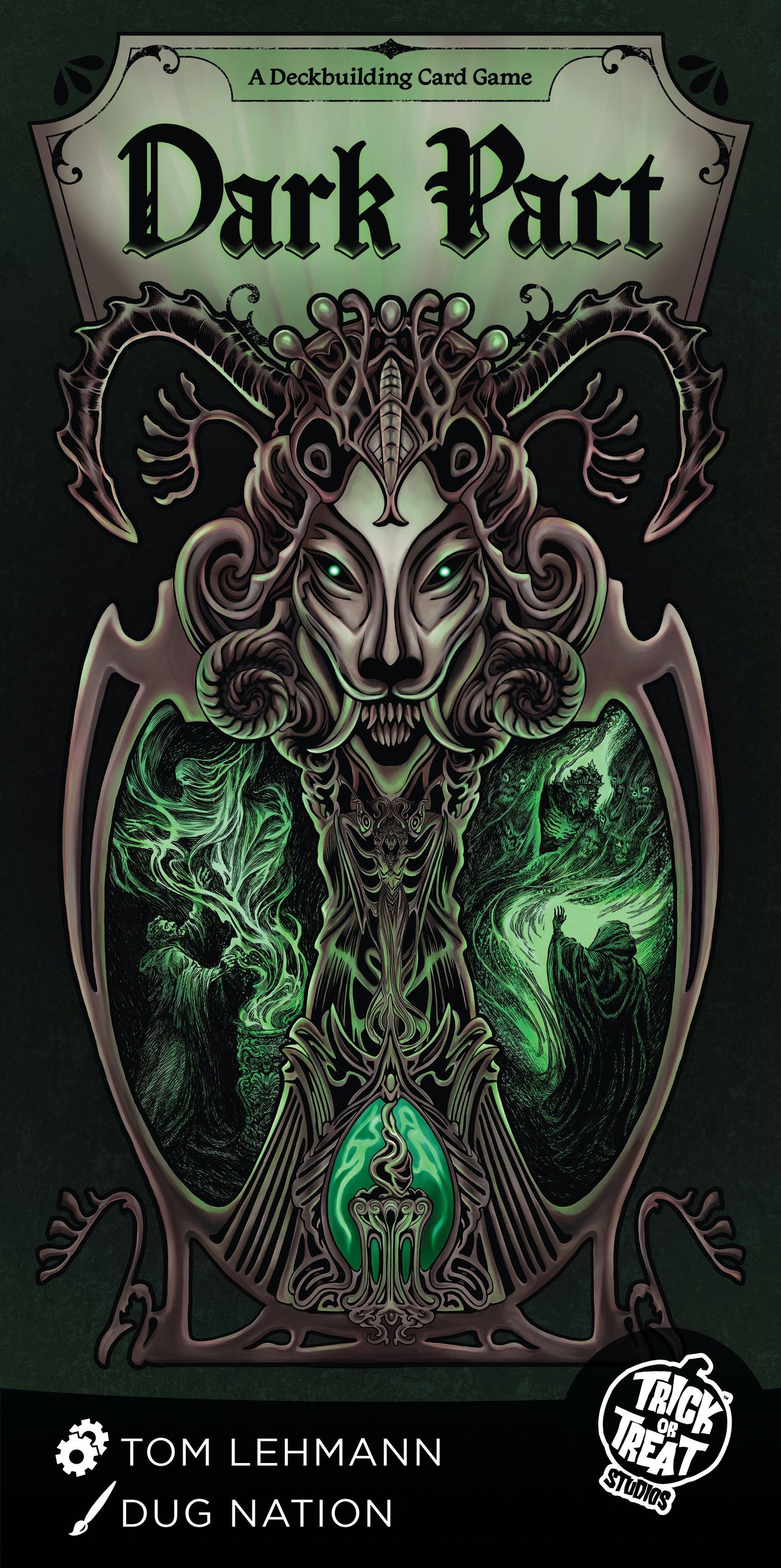 Dark Pact card game box with a stylized goat head design on a black background