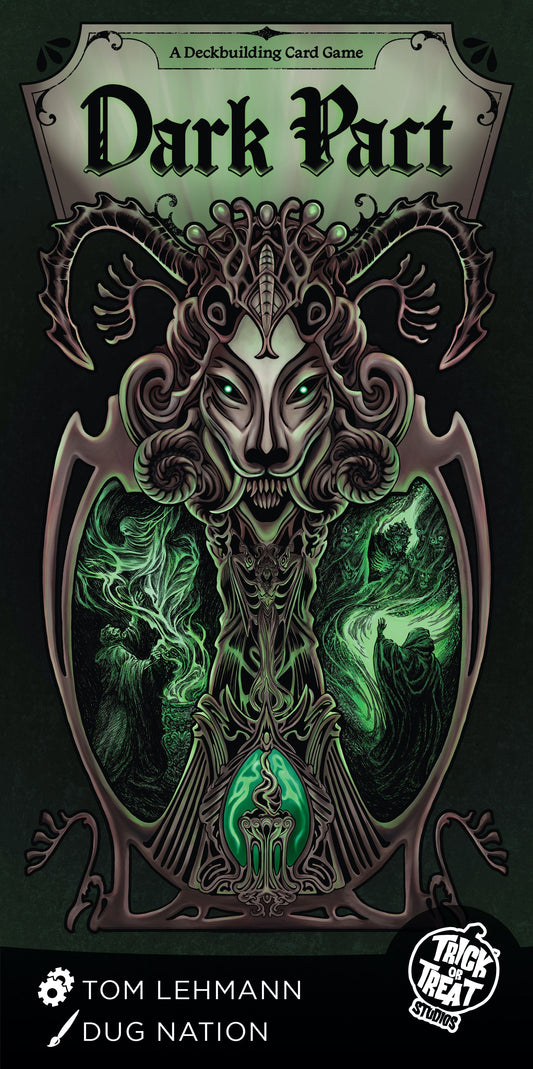 Dark Pact card game box with a stylized goat head design on a black background
