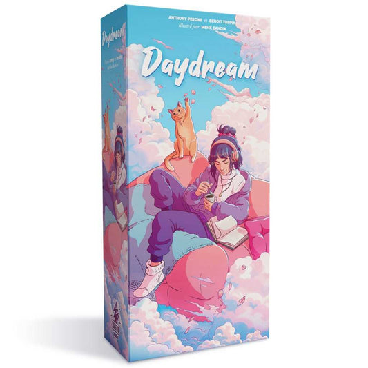 Box for 'Daydream' with a person and cat on clouds, colorful design