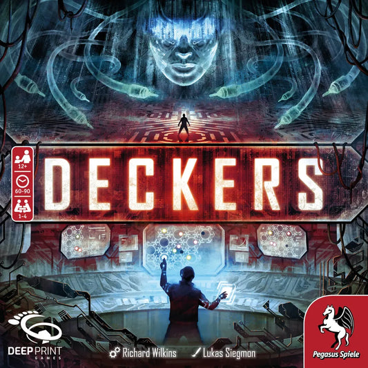 Board game box for 'Deckers' with futuristic design and text.