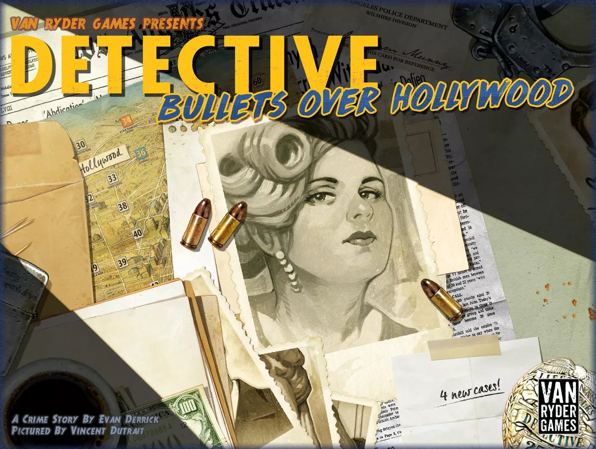 Book cover of 'Detective: Bullets Over Hollywood' by Van Ryder Games with vintage newspaper, woman's face illustration, and bullets.
