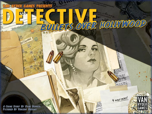 Book cover of 'Detective: Bullets Over Hollywood' by Van Ryder Games with vintage newspaper, woman's face illustration, and bullets.