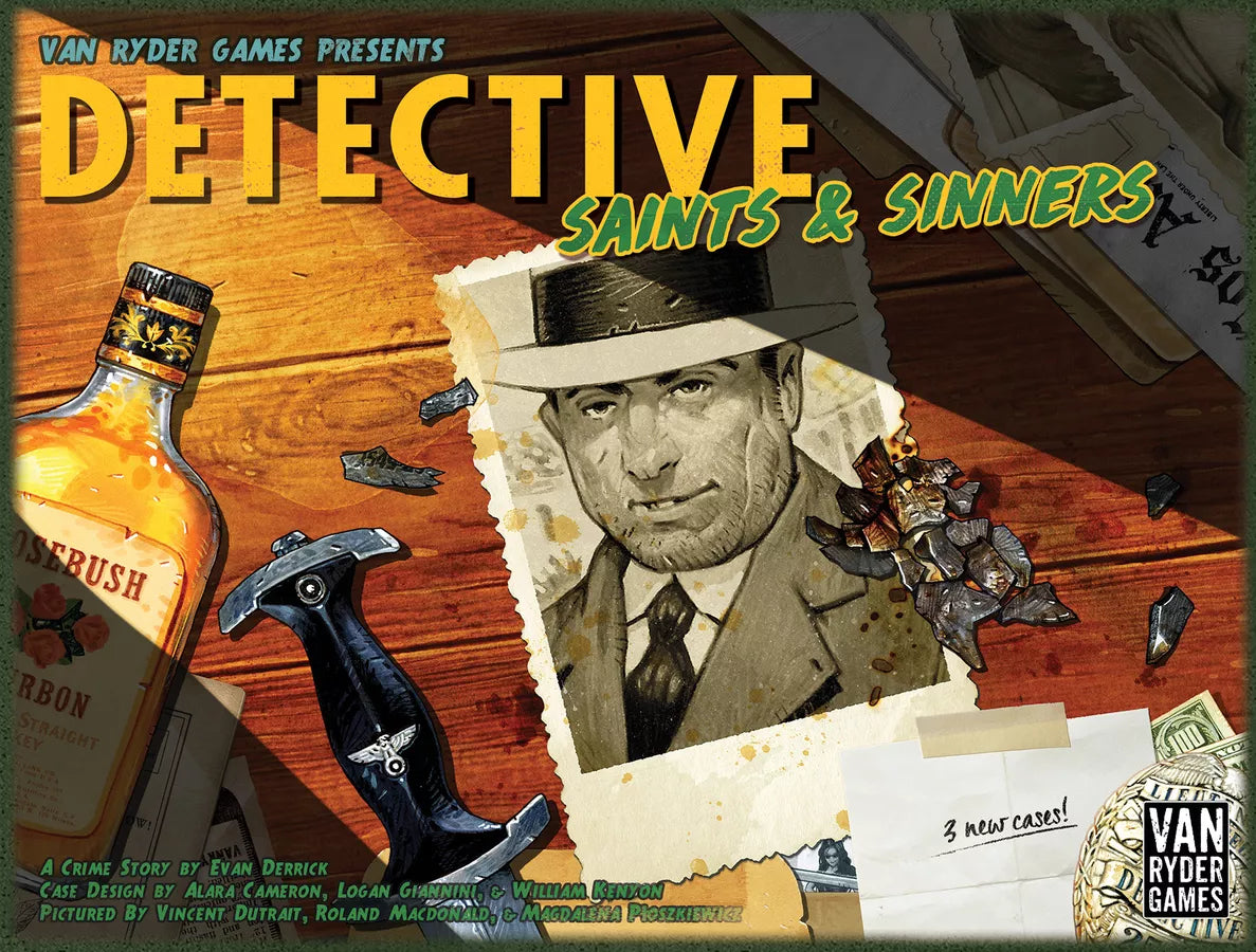 Box cover of 'Detective Saints & Sinners' game by Van Ryder Games with a bottle, hammer, and vintage photo.