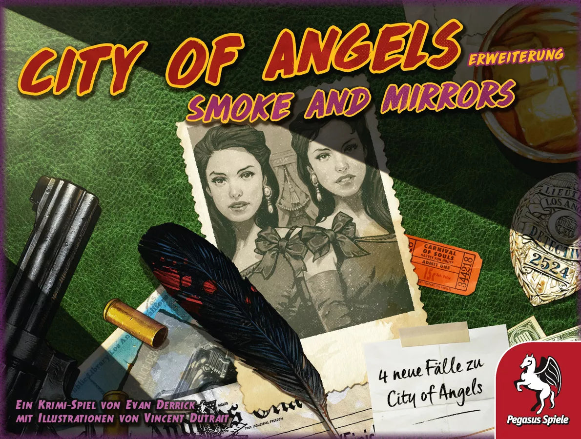 Board game box for 'City of Angels: Smoke and Mirrors' with text and images on a textured background.