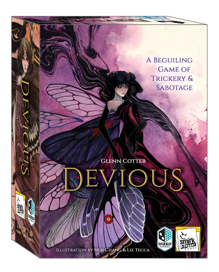 Board game box for 'Devious' with a fairy illustration on a purple and pink background