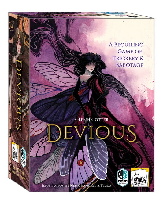Board game box for 'Devious' with a fairy illustration on a purple and pink background