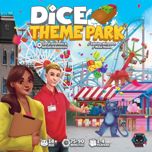 Board game box for 'Dice Theme Park' with colorful amusement park design and characters.