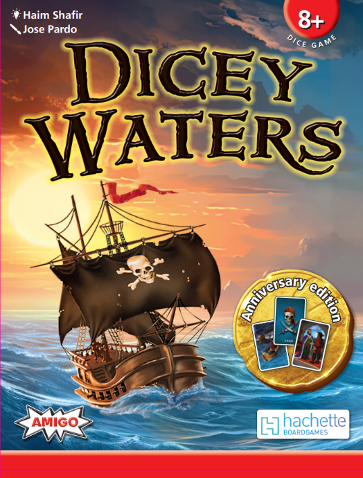 Dicey Waters game box with a pirate ship and sunset background