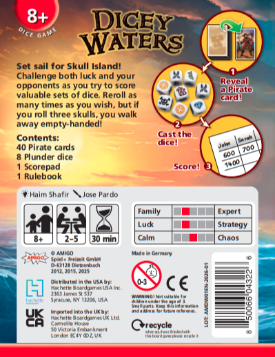 Back cover of Dicey Waters dice game packaging with game rules and components list.