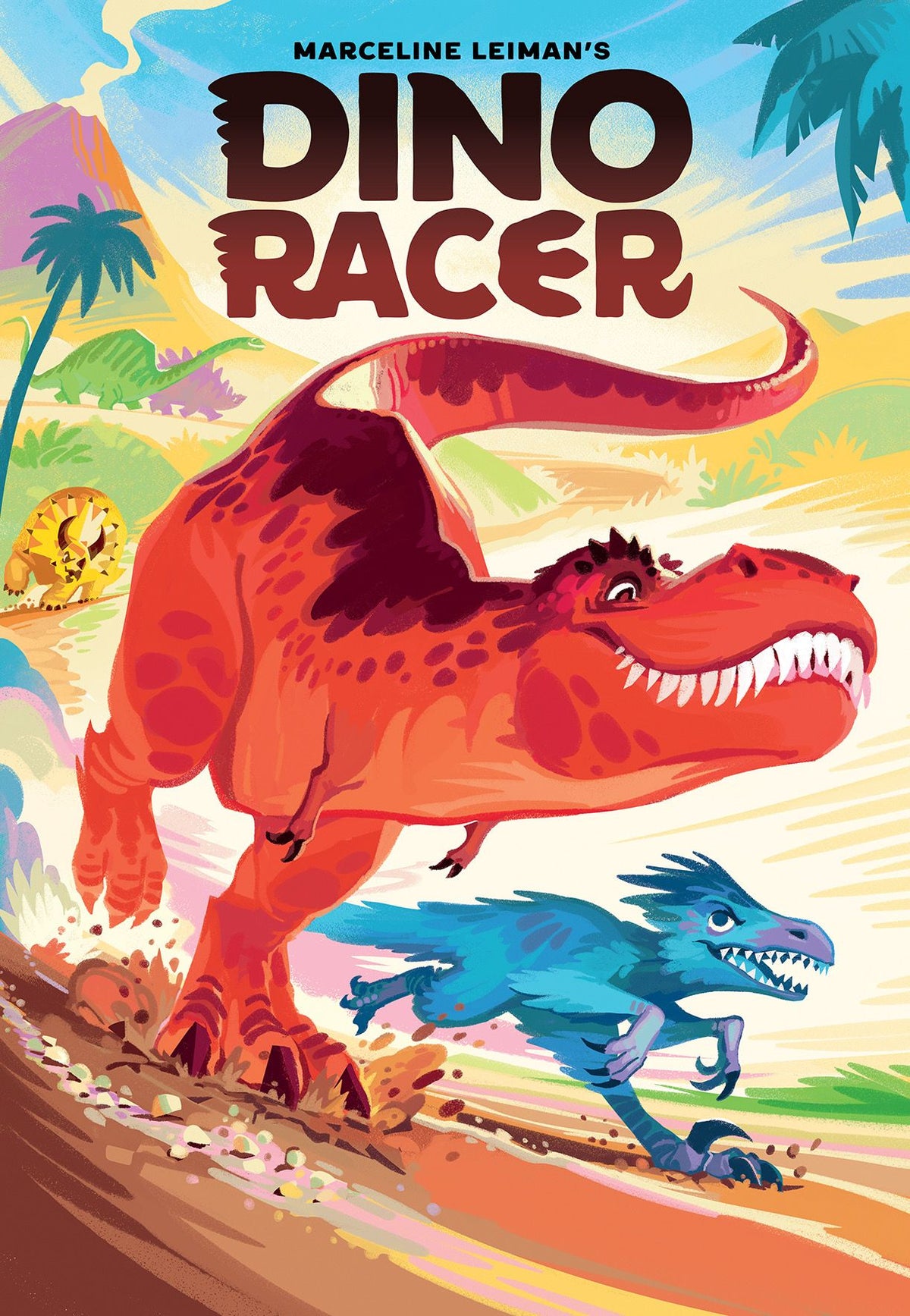 Illustrated book cover for 'Dino Racer' by Marceline Leiman, showing a large orange-red T-rex and a blue theropod racing on a desert path with palm trees and a bright sky.