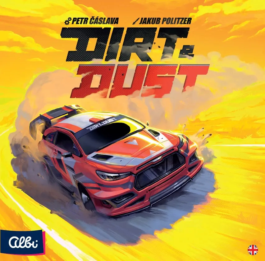 Board game cover titled 'Dirt Dust' with a red car on a yellow background, featuring the Albi logo.