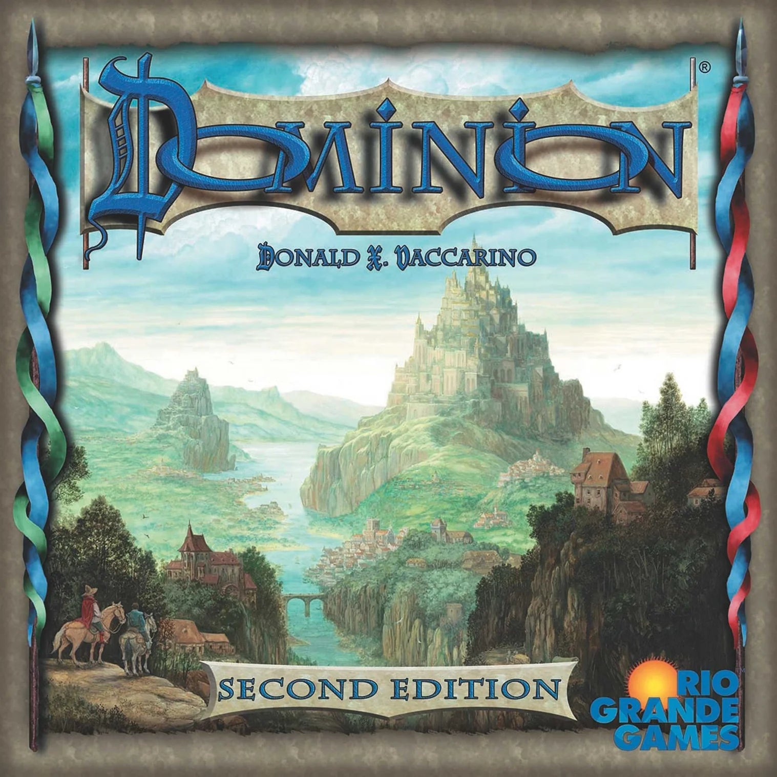Board game cover of 'Dominion' with a fantasy landscape and decorative elements.