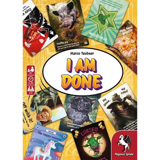 Board game box for 'I Am Done' with colorful cards featuring various illustrations on a yellow background.