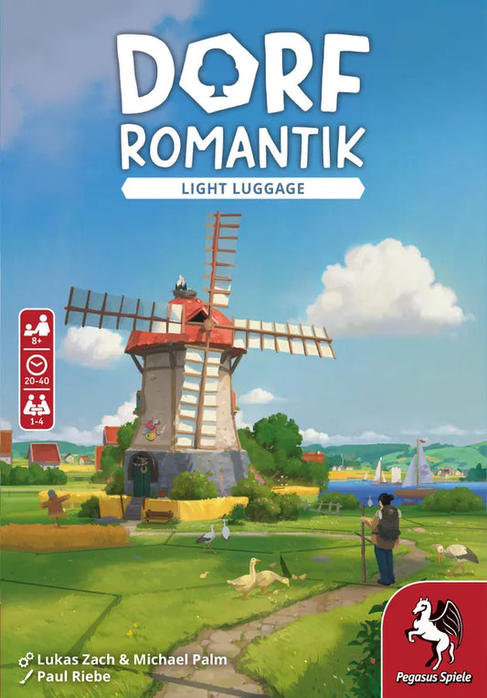 Board game box for 'Dorf Romantik' with a windmill and pastoral scene on the cover.