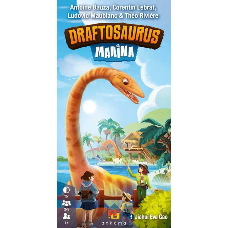Game box for 'Draftosaurus Marina' with a dinosaur and people in a tropical setting.