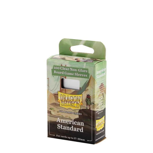 Box of Dragon Shield American Standard board game sleeves on a white background
