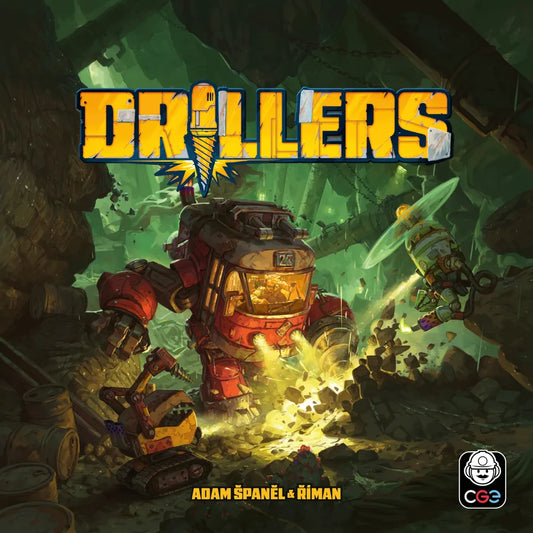 Cover of 'Drillers' with a large robot in an underground setting, featuring the title and creators' names.