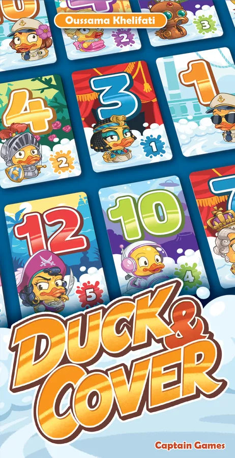 Board game packaging for 'Duck & Cover' with colorful cards and characters on a blue background.