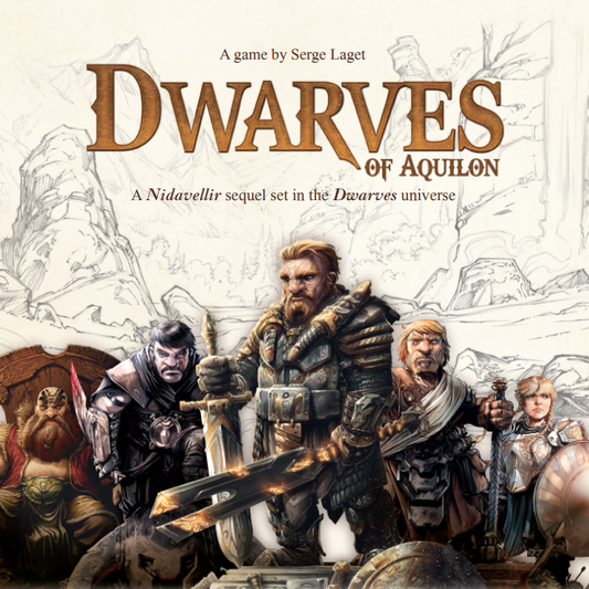 Cover of 'Dwarves of Aquilon' game by Serge Laget featuring dwarven characters.
