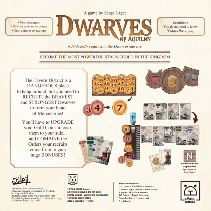 Front cover of the board game Dwarves of Aquilon by Serajel Games, featuring a beige background with brown title text, rule boxes, gold coin illustrations, and component icons for cards, tokens, and dice.