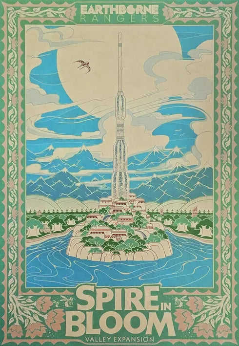 Vintage-style poster of a tower labeled 'Spire in Bloom' with decorative elements.