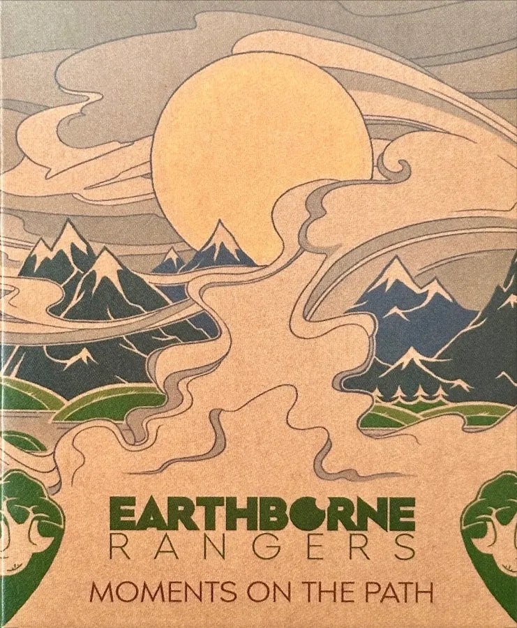 Cover of 'Earthborne Rangers: Moments on the Path' with stylized illustration of mountains and a sun.