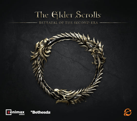 Decorative wreath with dragon design on a dark background, featuring 'The Elder Scrolls' branding.