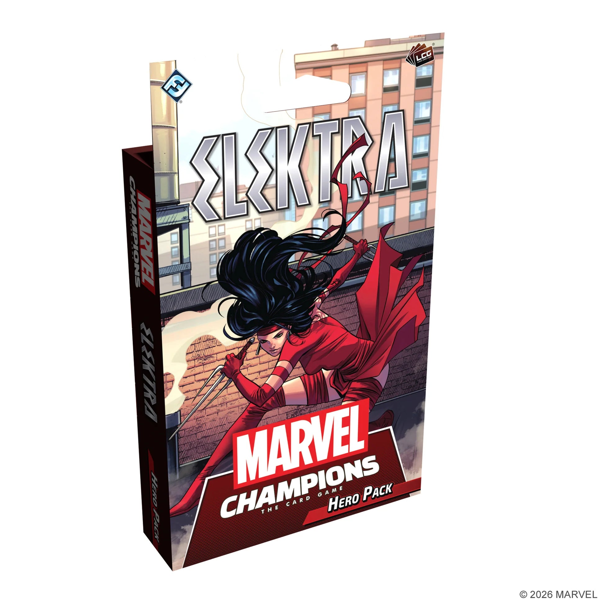 Marvel Champions: The True Story Box Set - Elektra Hero Pack card box, featuring comic book character Elektra in a red dress against a city building background.
