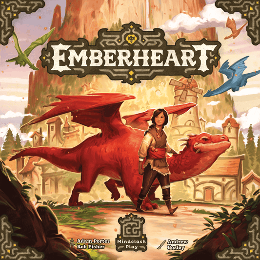Emberheart Board Game with a humand and dragon on the cover - Clownfish Games