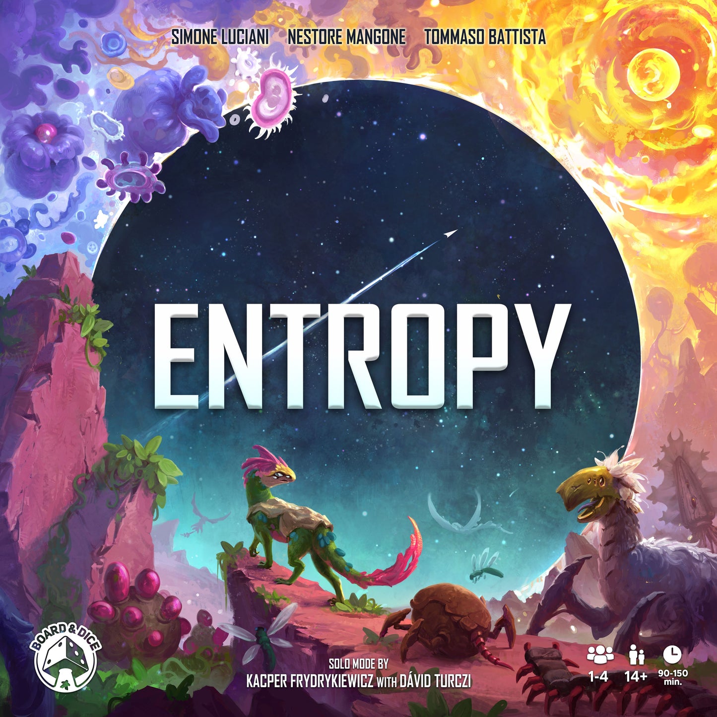 Board game box for 'Entropy' with colorful alien landscapes and celestial elements.