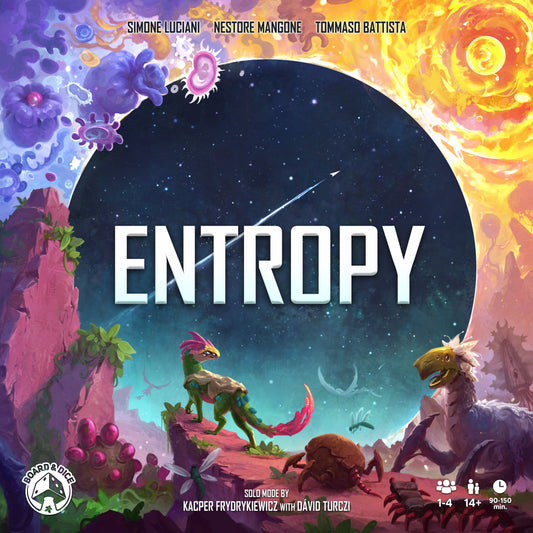 Board game box for 'Entropy' with colorful alien landscapes and celestial elements.
