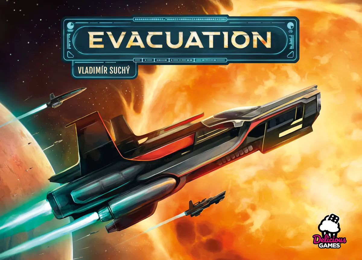 Board game cover of 'Evacuation' with a spaceship and space-themed background.