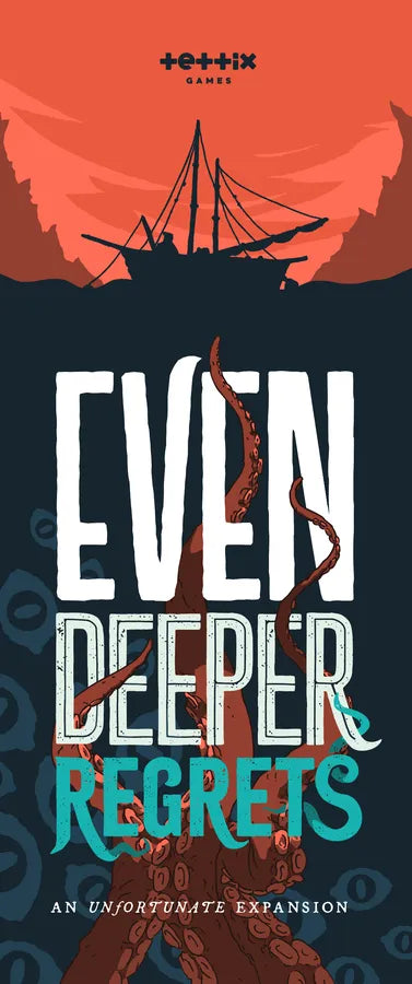 Book cover of 'Even Deeper Regrets' with ship and octopus design against an orange and black background.