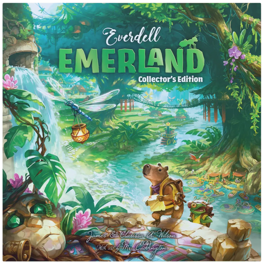 Board game box for 'Everdell Emerland' with a fantasy landscape and characters.