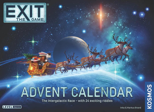 EXIT: The Game Advent Calendar packaging with Santa Claus in a sleigh and reindeer against a space-themed background.