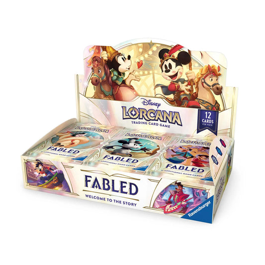 Box of Disney Lorcana trading card game featuring animated characters on a white background