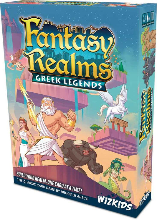 Fantasy Realms Greek Legends board game box with colorful artwork and text.