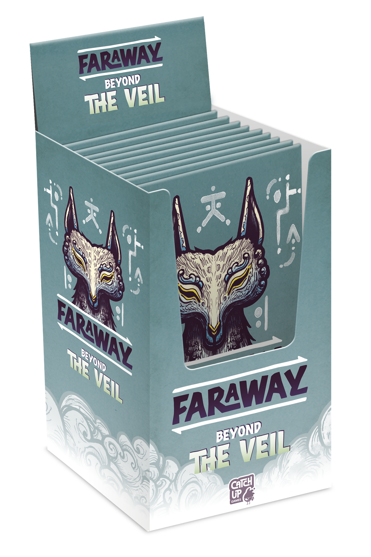 A retail display box of 'Faraway Beyond the Veil' trading cards, featuring a teal and white design with an illustration of a stylized fox head.