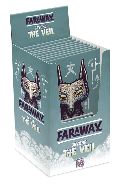 A retail display box of 'Faraway Beyond the Veil' trading cards, featuring a teal and white design with an illustration of a stylized fox head.