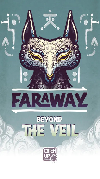 Front cover artwork for the board game 'Faraway: Beyond the Veil' by Catch Up Games, featuring a stylized illustration of a fox head on a teal background with white clouds at the bottom.