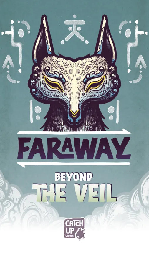 Front cover artwork for the board game 'Faraway: Beyond the Veil' by Catch Up Games, featuring a stylized illustration of a fox head on a teal background with white clouds at the bottom.