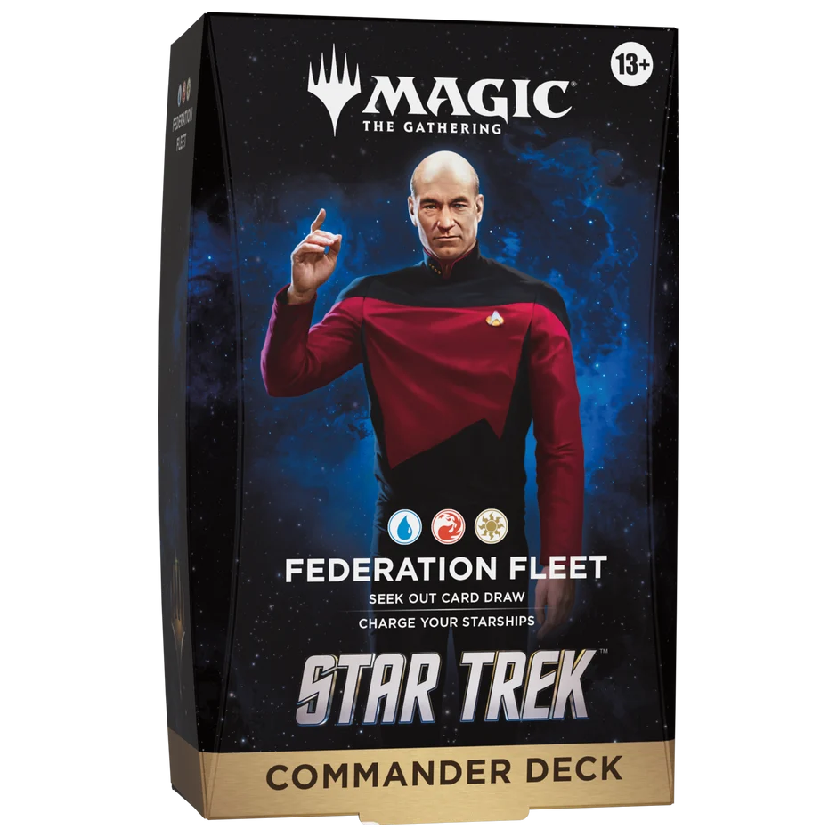 Magic: The Gathering Star Trek The Commandeer Deck box featuring Captain Picard in his red and black Starfleet uniform against a blue starry space background.