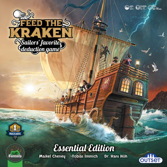 Board game box for 'Feed the Kraken' with a ship on a stormy sea.