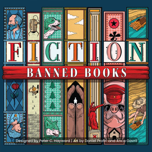 Cover of 'Banned Books' with stylized illustrations and the word 'Fiction' on a blue background.