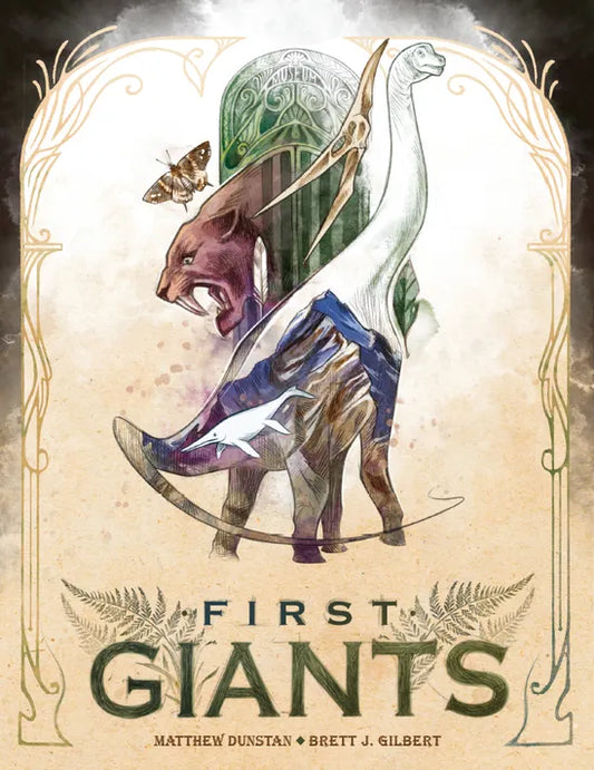 Book cover of 'First Giants' with illustrations of dinosaurs and a butterfly.