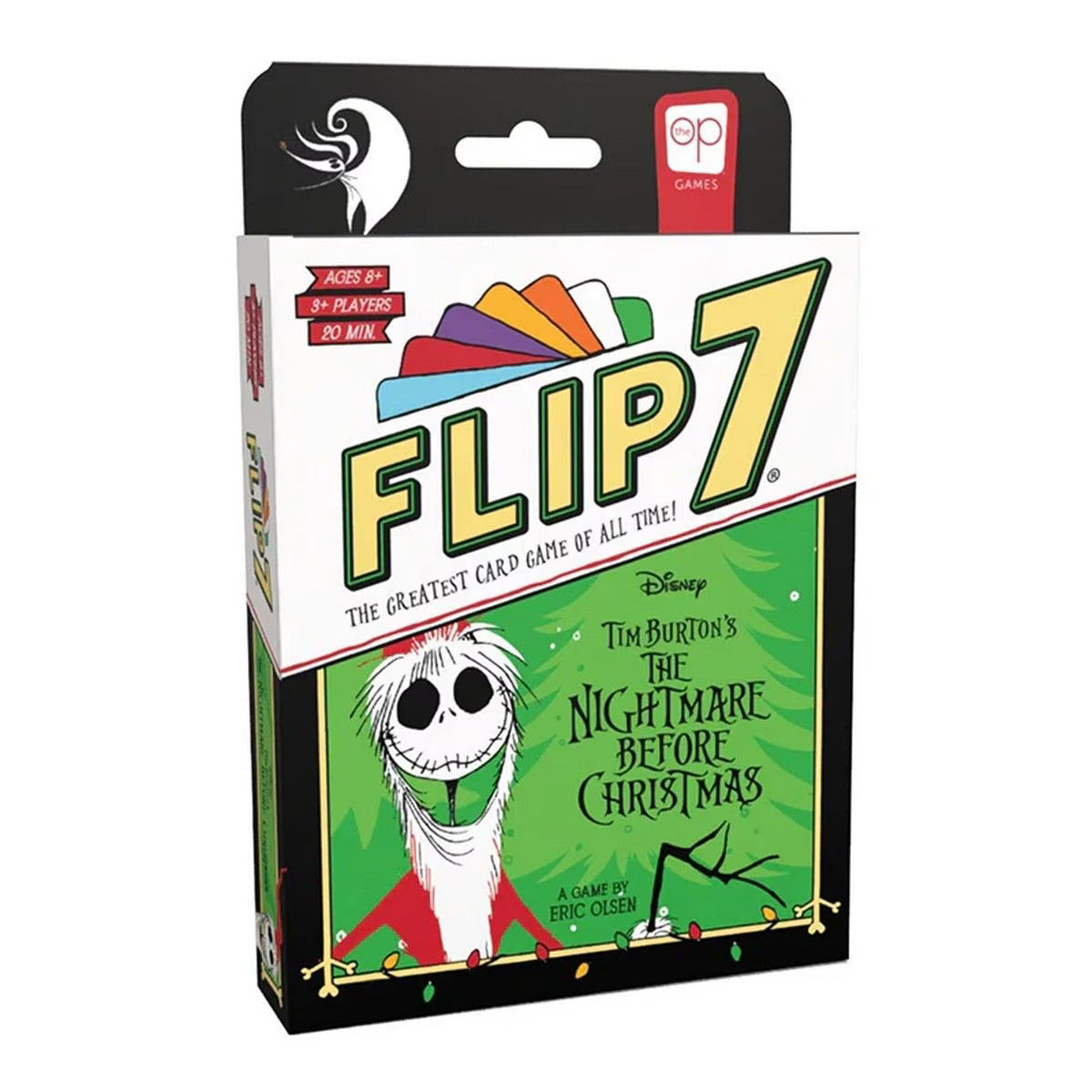 Flip 7 card game box featuring Disney's The Nightmare Before Christmas artwork, with Jack Skellington on the front and a black-and-white hanging header.