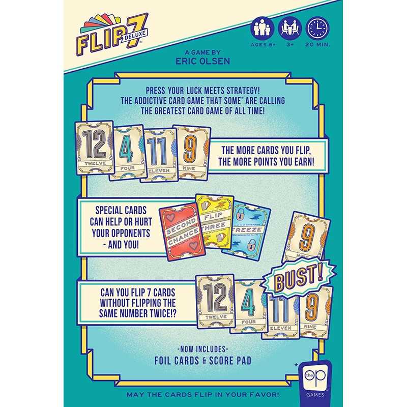 Flip 7 Deluxe card game packaging with game rules and graphics on a blue and yellow background
