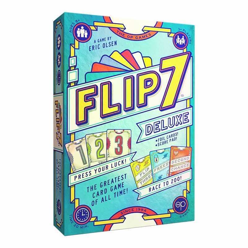 Flip 7 Deluxe card game box with colorful design on a white background
