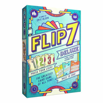 Flip 7 Deluxe card game box with colorful design on a white background