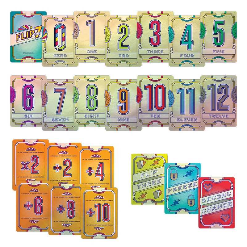 Collection of colorful card games with numbers and operations on a white background